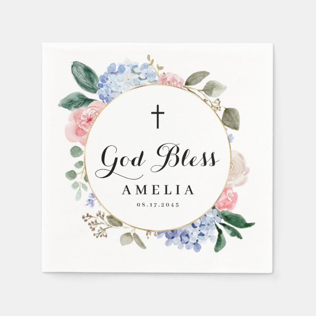 Blue Hydrangeas and Roses God Bless Baptism Napkin (Front)