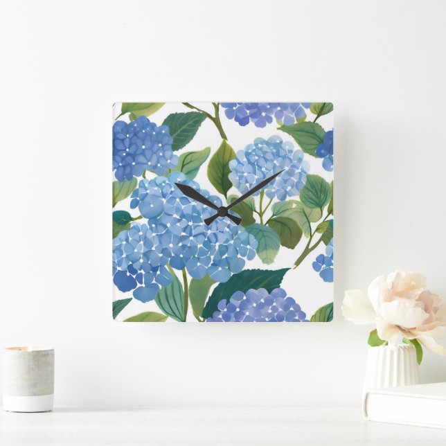 Blue Hydrangeas | Beautiful Floral Bush Square Wall Clock (Home)