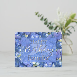 Blue Hydrangeas Blooms Happy Birthday Custom Name  Foil Holiday Postcard