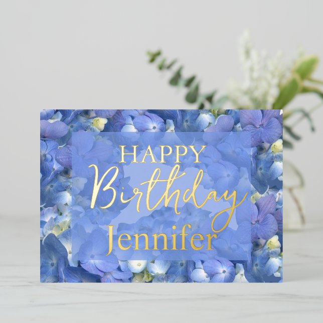Blue Hydrangeas Blooms Happy Birthday  Foil Holiday Card (Standing Front)
