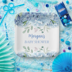 Blue Hydrangeas Boy Floral Baby Shower Paper Plate