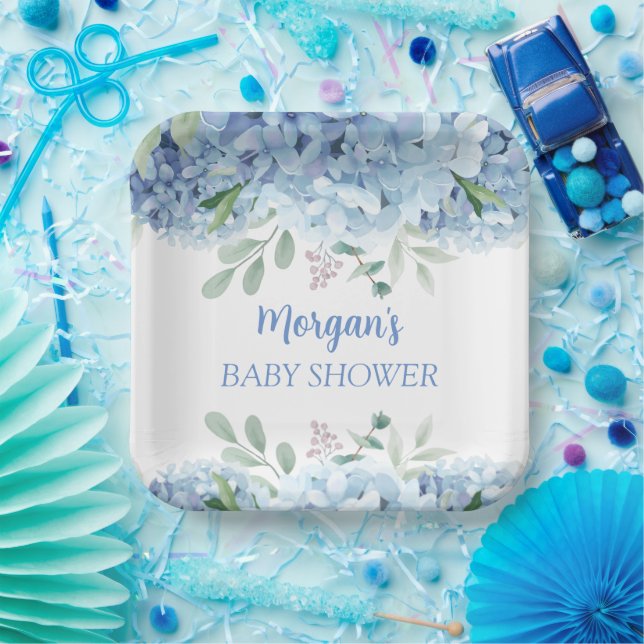 Blue Hydrangeas Boy Floral Baby Shower Paper Plate (Party)