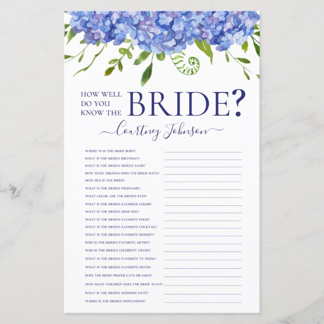 Blue Hydrangeas Bridal Shower Game (Front)