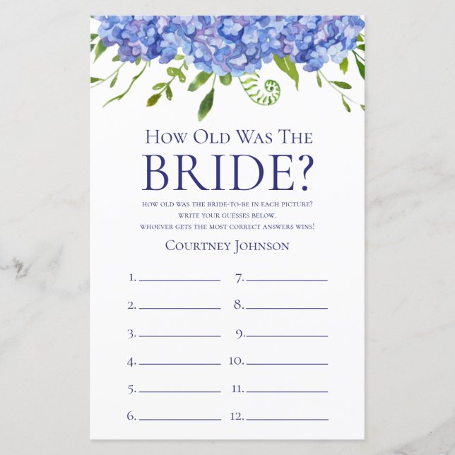 Blue Hydrangeas Bridal Shower Games (Front)