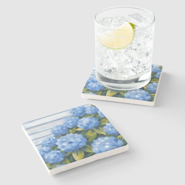 Blue Hydrangeas Bushes Floral Painting Stone Coaster (Side)