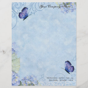 Blue Hydrangeas, Butterfly & Swirl Modern Floral Letterhead