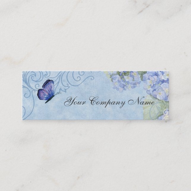 Blue Hydrangeas, Butterfly & Swirl Modern Floral Mini Business Card (Front)