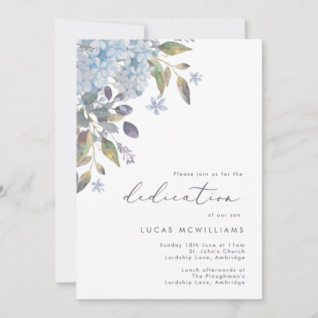 Blue Hydrangeas Calligraphy Baby Dedication Invitation (Front)