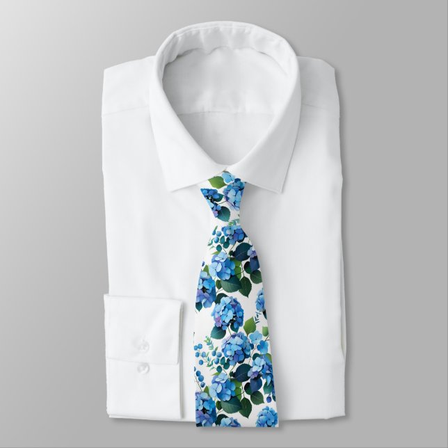 Blue Hydrangeas & Eucalyptus Seamless Floral Patte Tie (Tied)