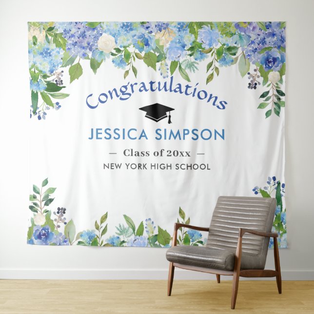 Blue Hydrangeas Floral Graduation Photo Backdrop Tapestry (In Situ (Horizontal))