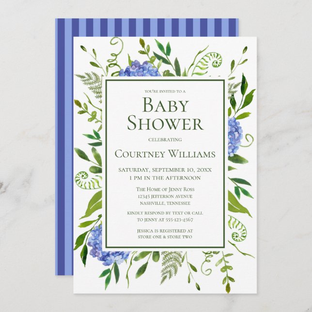 Blue Hydrangeas Floral Watercolor Baby Shower Invitation (Front/Back)