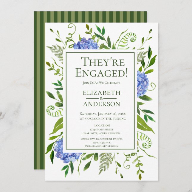 Blue Hydrangeas Floral Watercolor Engagement Party Invitation (Front/Back)
