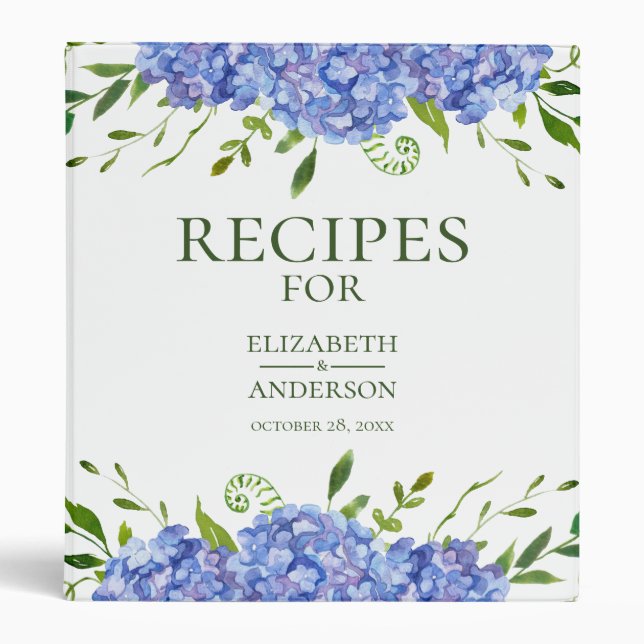 Blue Hydrangeas Floral Watercolor Recipe Binder (Front)