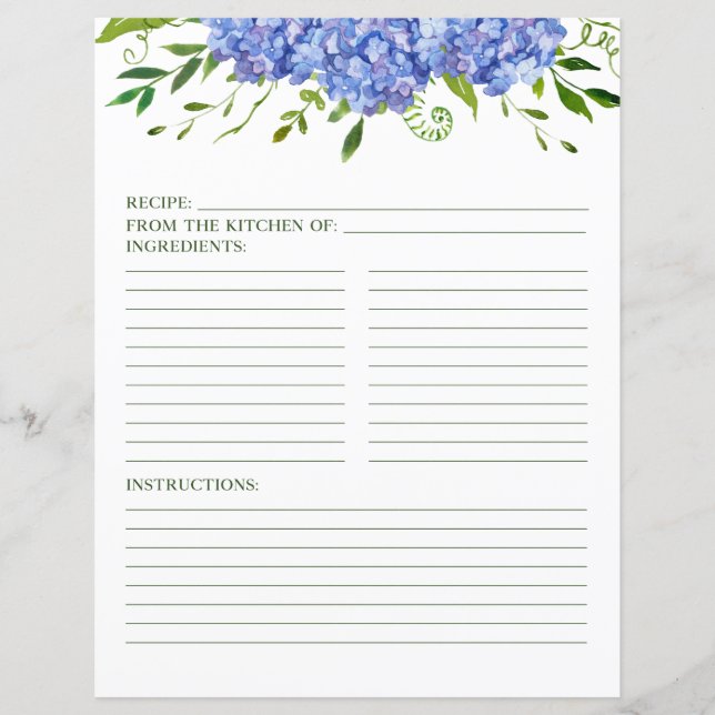 Blue Hydrangeas Floral Watercolor Recipe Page (Front)