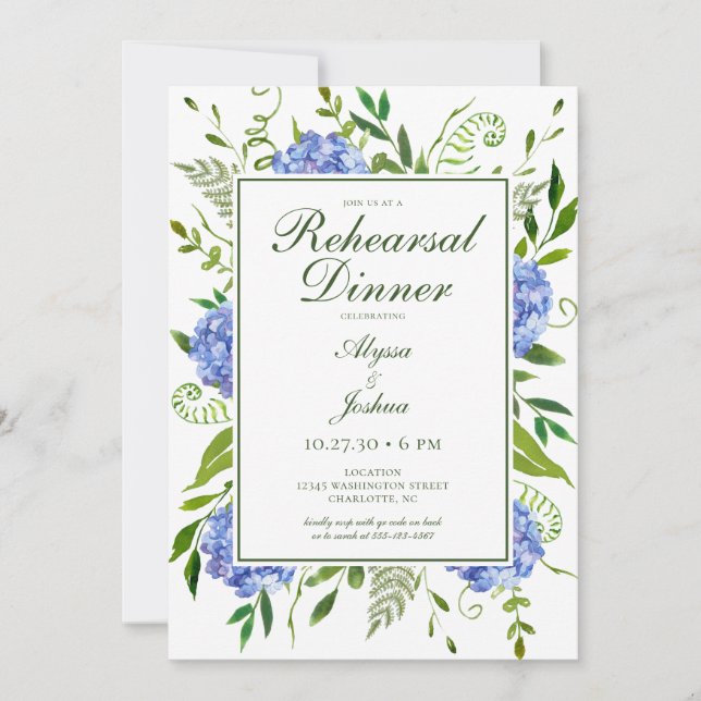 Blue Hydrangeas Floral Watercolor Rehearsal Dinner Invitation (Front)