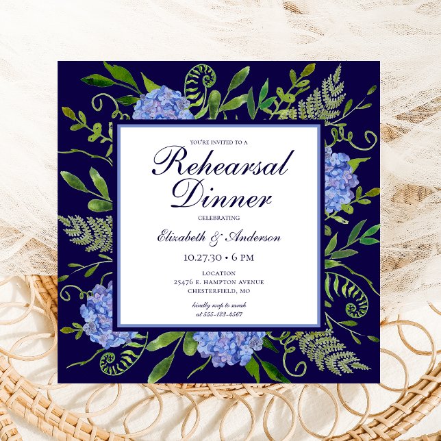 Blue Hydrangeas Floral Watercolor Rehearsal Dinner Invitation (Creator Uploaded)