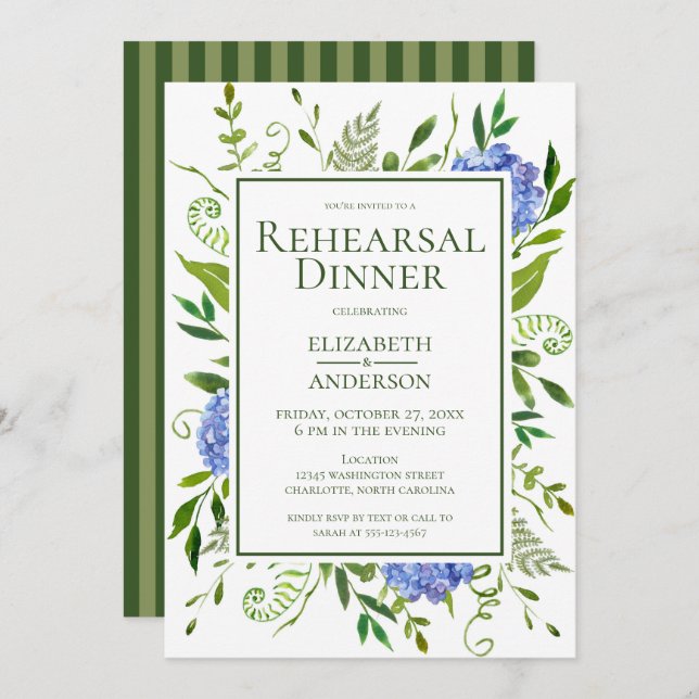 Blue Hydrangeas Floral Watercolor Rehearsal Dinner Invitation (Front/Back)