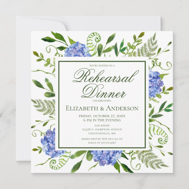 Blue Hydrangeas Floral Watercolor Rehearsal Dinner Invitation (Front)