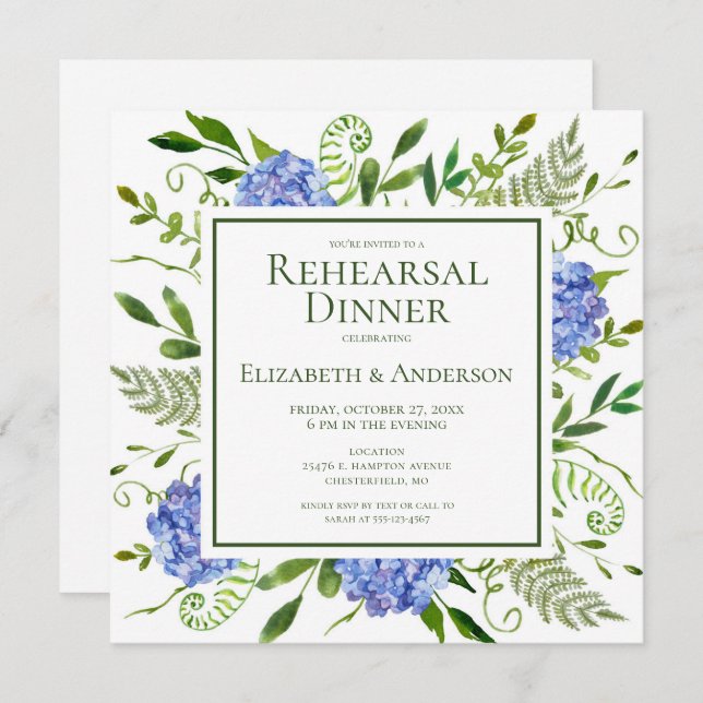Blue Hydrangeas Floral Watercolor Rehearsal Dinner Invitation (Front/Back)