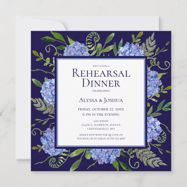 Blue Hydrangeas Floral Watercolor Rehearsal Dinner Invitation (Front)