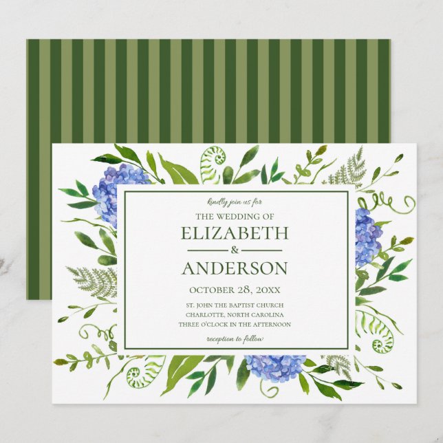 Blue Hydrangeas Floral Watercolor Wedding Invitation (Front/Back)