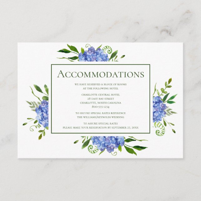 Blue Hydrangeas Floral Wedding Accommodations Enclosure Card (Front)