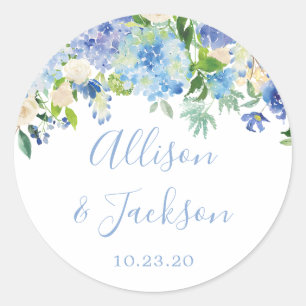 Blue Hydrangeas Floral Wedding Round Sticker
