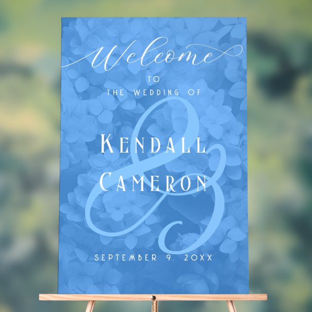 Blue Hydrangeas Floral Wedding Welcome Acrylic Sign (Neutral)