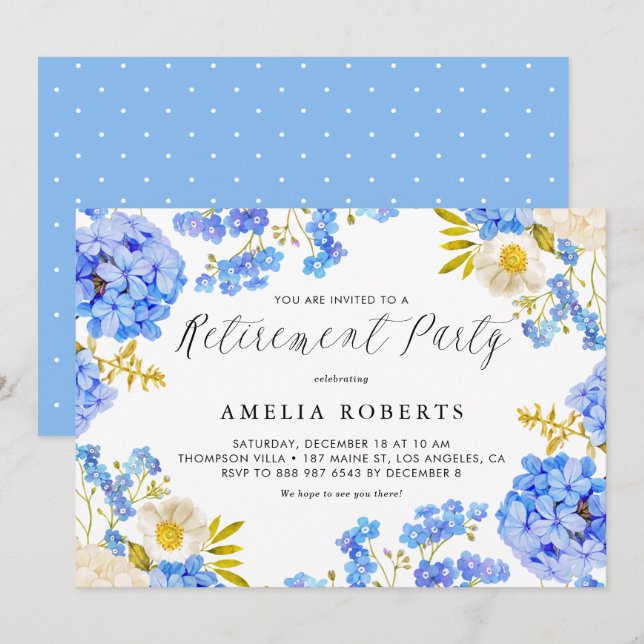 Blue Hydrangeas Floral Winter Retirement Party Invitation (Front/Back)