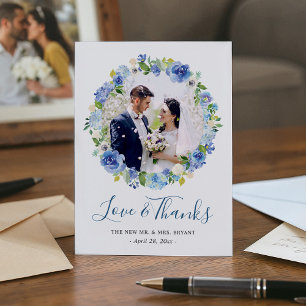 Blue Hydrangeas Floral Wreath Photo Thank You Card