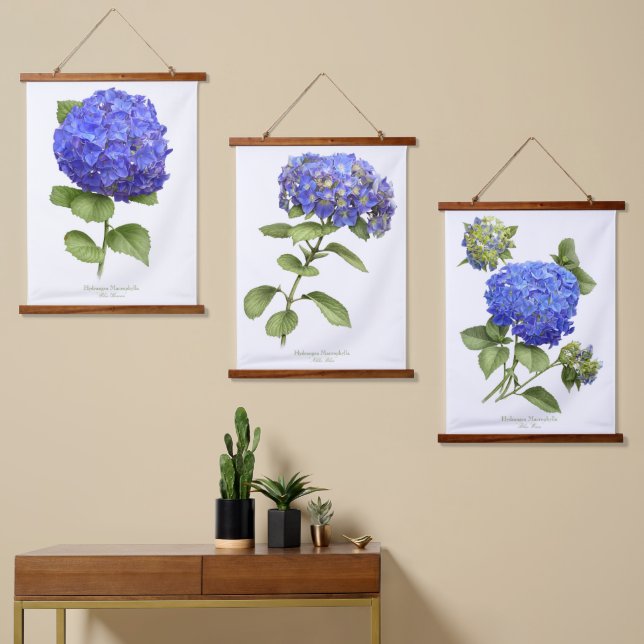 Blue Hydrangeas Flowers Botanical Art Set of 3 Hanging Tapestry (Asymmetrical)