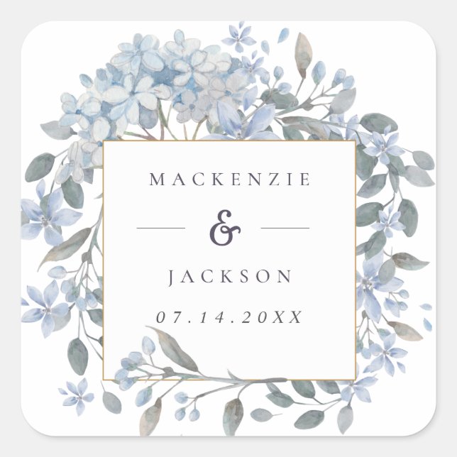Blue Hydrangeas Frame Watercolor Wedding Square Sticker (Front)