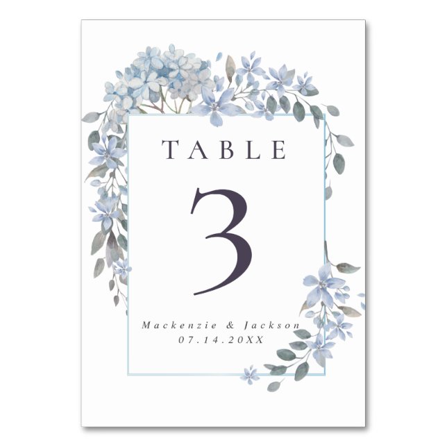 Blue Hydrangeas Frame Watercolor Wedding  Table Number (Front)