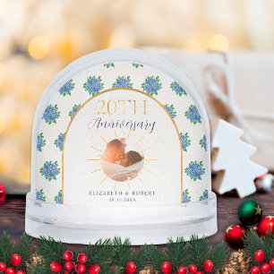 Blue Hydrangeas Gold Custom Photo 20th Anniversary Snowglobe