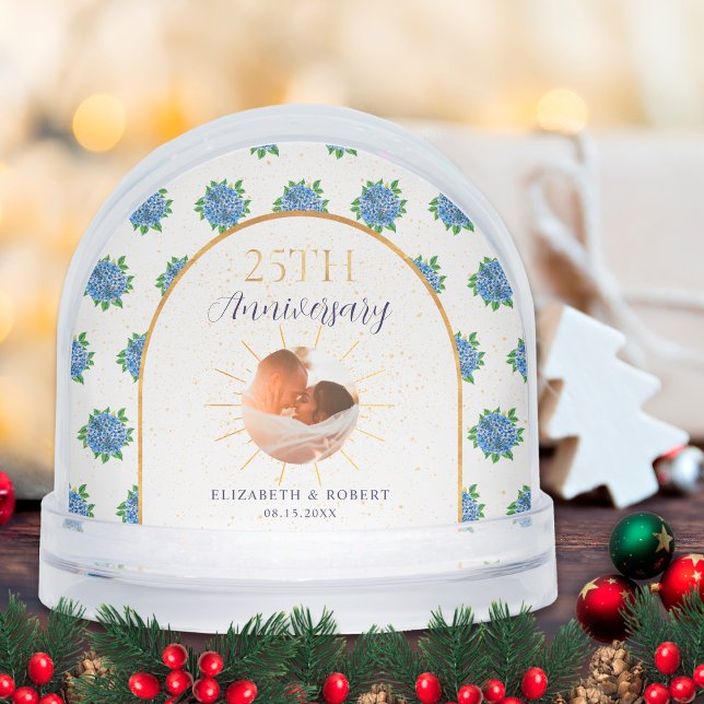 Blue Hydrangeas Gold Custom Photo 25th Anniversary Snowglobe (Creator Uploaded)