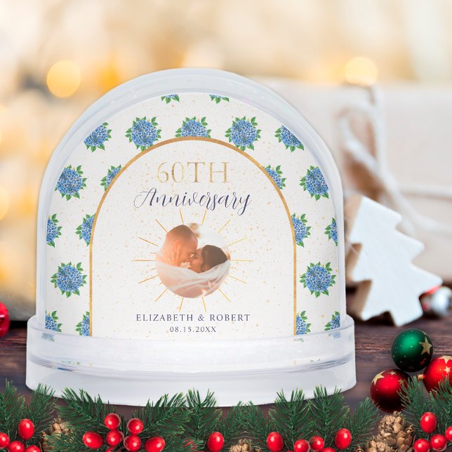 Blue Hydrangeas Gold Custom Photo 60th Anniversary (Créateur téléchargé)