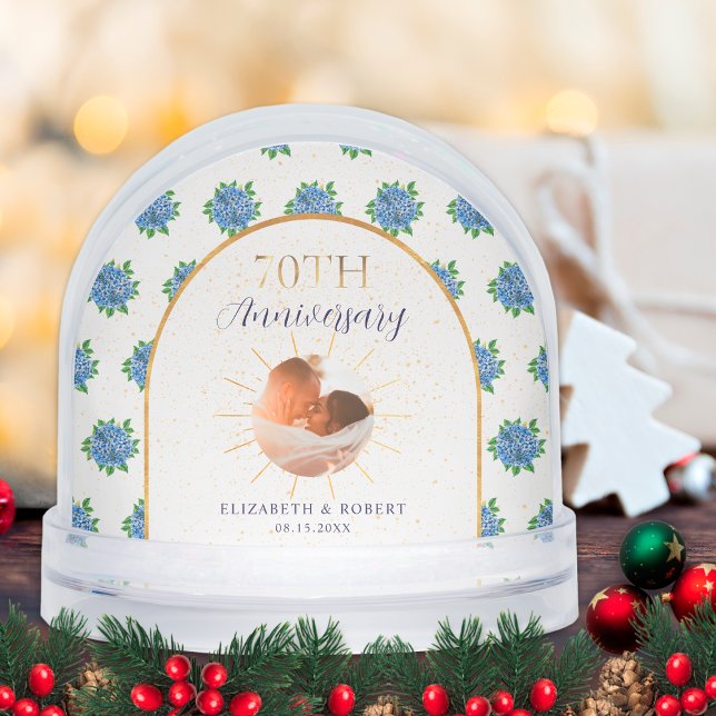 Blue Hydrangeas Gold Custom Photo 70th Anniversary Snowglobe (Creator Uploaded)