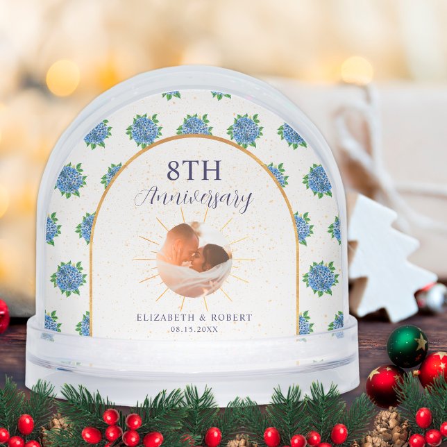 Blue Hydrangeas Gold Custom Photo Anniversary Snowglobe (Creator Uploaded)