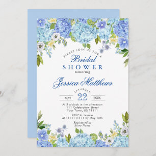 Blue Hydrangeas Greenery Watercolor Bridal Shower Invitation