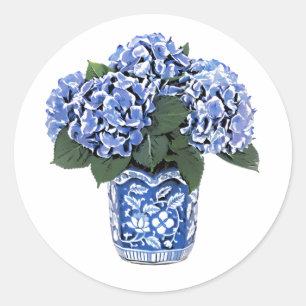 Blue Hydrangeas in a Floral Ceramic Pot Classic Round Sticker