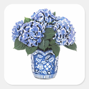 Blue Hydrangeas in a Floral Ceramic Pot Square Sticker