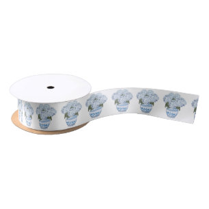 Blue Hydrangeas in Chinoiserie Pot Satin Ribbon