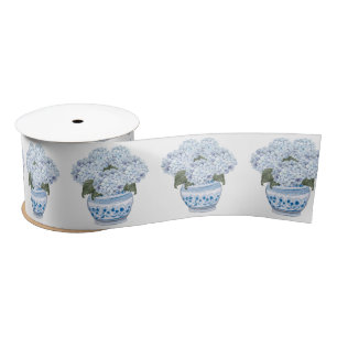 Blue Hydrangeas in Chinoiserie Pot Satin Ribbon
