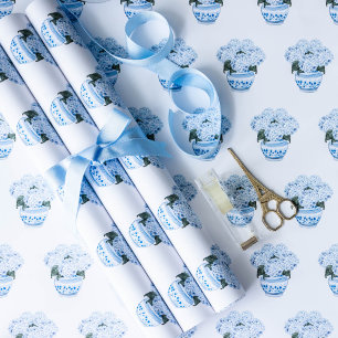 Blue Hydrangeas in Chinoiserie Pot  Wrapping Paper Sheet