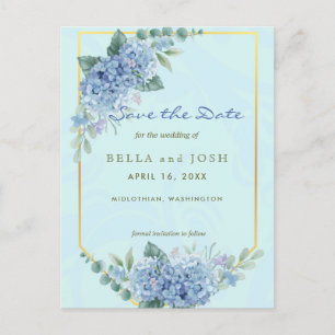 Blue Hydrangeas in Frame in Blue Save the Date Postcard