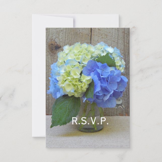 Blue Hydrangeas Mason Jar Rustic Wedding RSVP (Front)