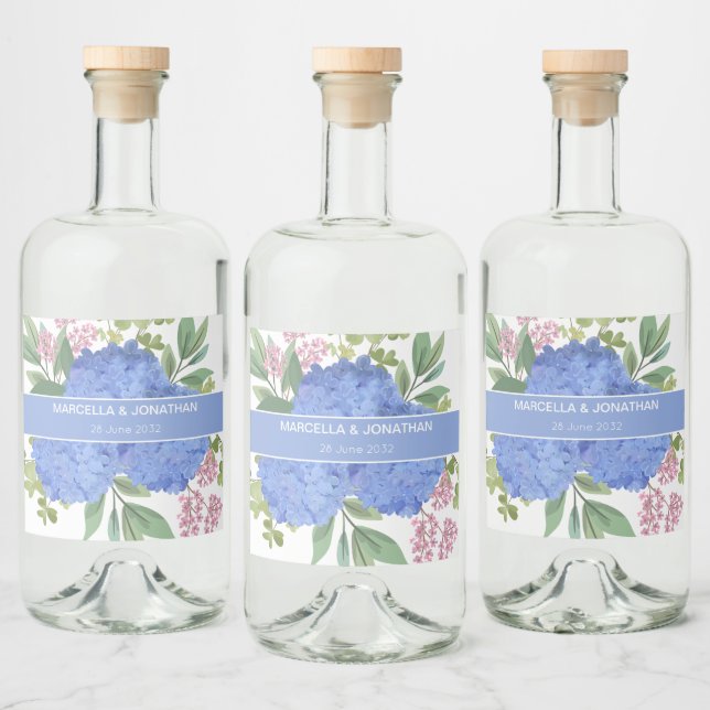 Blue Hydrangeas Modern Bouquet Custom  Liquor Bottle Label (Bottles)