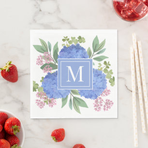 Blue Hydrangeas Modern Bouquet Custom Monogram Napkin