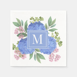Blue Hydrangeas Modern Bouquet Custom Monogram Napkin
