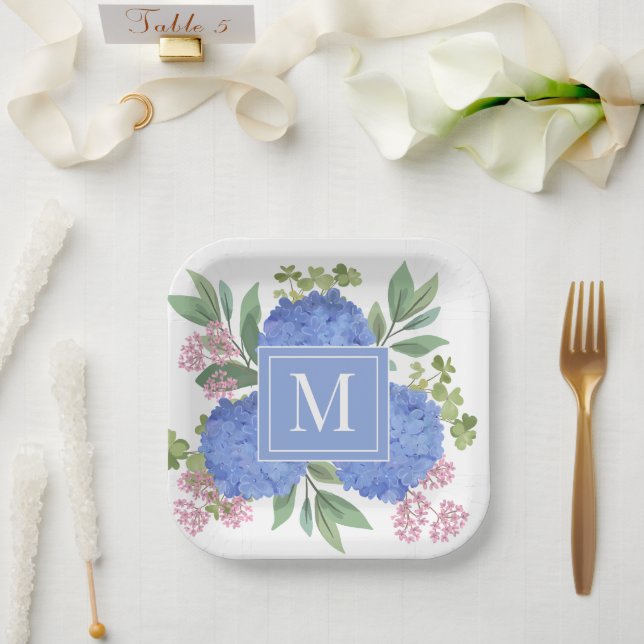 Blue Hydrangeas Modern Bouquet Custom Monogram  Paper Plate (Wedding)